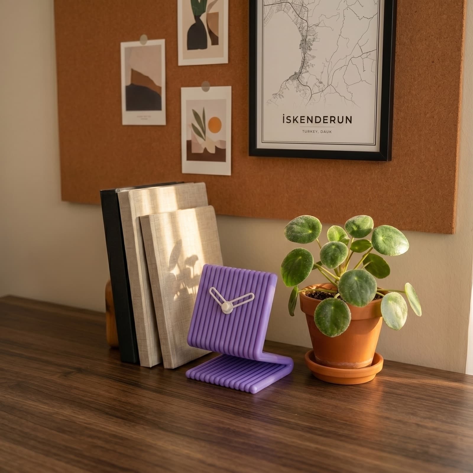 Ritim Lila — dokulu, 3D baskı, sessiz analog masa saati (9×11 cm) - 3